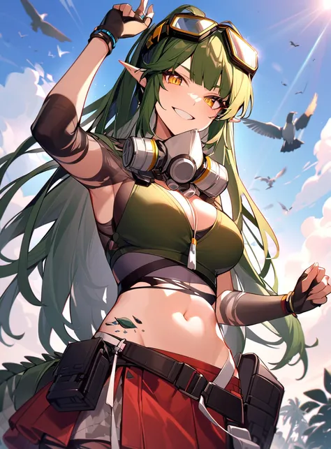 gavial,1girl,solo,long hair,breasts,smile,bangs,multiple girls,skirt,gloves,navel,cleavage,medium breasts,very long hair,standing,yellow eyes,cowboy shot,outdoors,green hair,sky,day,pointy ears,black gloves,midriff,stomach,grin,blue sky,crop top,mask,red s...