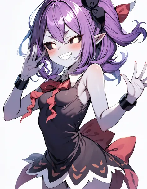 <lora:xl-musume5:1.0> 1girl,solo,musume(yuunama), black sclera, purple hair, pointy ears, colored skin, purple skin, sleeveless dress,hair ornament, blush, smile, grin,smug,fang,small breast,bow,standing,waiving,cowboy shot,(white background:1.1),masterpie...