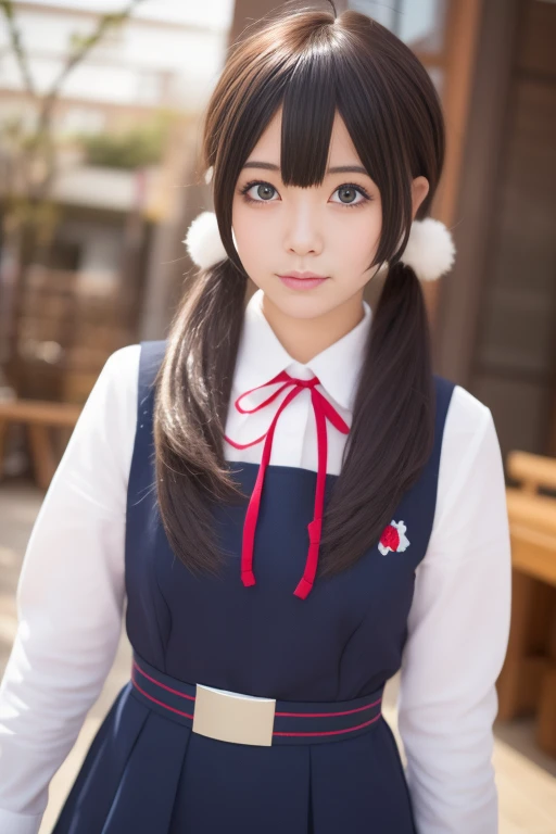 ltra-detailed,highly detailed,best quality,masterpiece,illustration,realistic,photorealistic,
tamako, kitashirakawa tamako, 1girl, solo, cosplay,
school uniform, pinafore dress, neck ribbon, belt, socks, loafers, 
low twintails, ahoge, hair bobbles, 
looki...