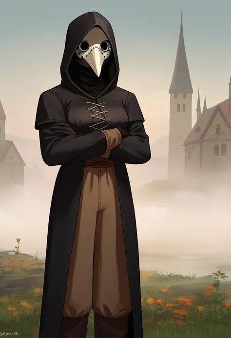 score_9, score_8_up, score_7_up, source_anime, rating_safe, solo, 1girl, plague doctor, mask, crossed arms, hood up, black coat, black gloves, pants, outdoors, medieval, fog <lora:generic_plaguedoctor_xl_ponyXL:1>