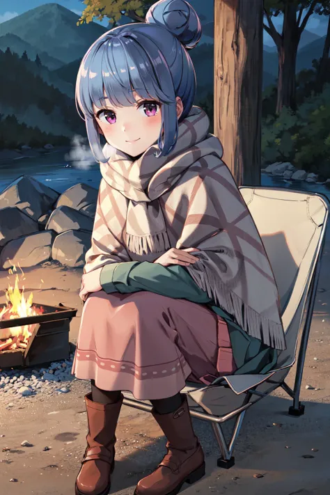 masterpiece,best quality,highres,ultra-detailed,shima rin,hair bun,bangs,scarf,poncho,shawl,shirt,long sleeves,green shirt,skirt,pink skirt,long skirt,pantyhose,black pantyhose,boots,brown footwear,<lora:shima_rin:0.7>,outdoors,camp,bonfire,chair,sitting,s...