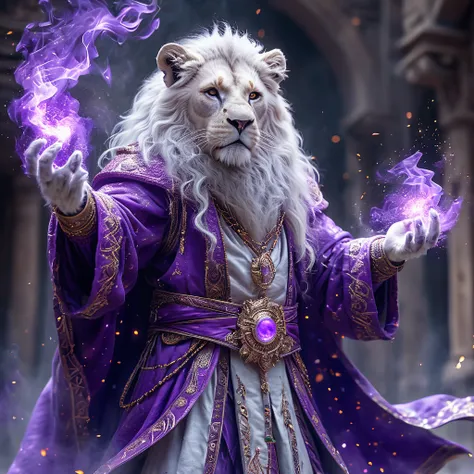 a fullbody shot of a white fantasy Lion wizard wearing magical outfit, casting purple spells, purple spells, HKMagic, HD, masterpiece, best quality, hyper detailed, ultra detailed, super realistic