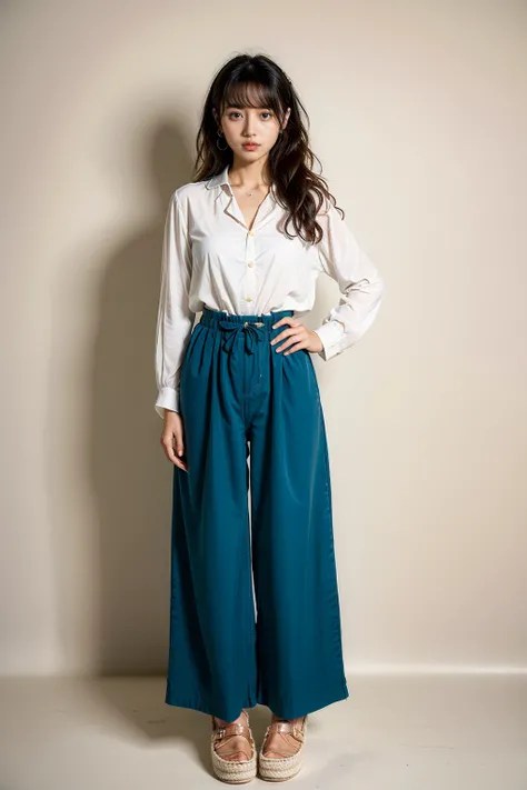 (Flowy_blouse:1.5),(Wide-leg_pants:1.4),(Espadrille_wedges:1.3),