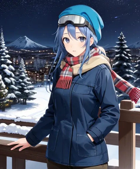 (adult woman), (1girl, solo), (looking at viewer), (ski goggles, goggles on head), (ski cap, ski coat, scarf), (blue hair, braid), (grey eyes), ((trees, slope)), (night, stars), (best quality, high detail), ((masterpiece)), <lora:1_marui_15e:1>