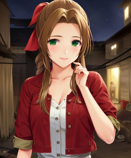 portrait, (adult woman), (1girl, solo), smile, (brown hair), green eyes, ((slums)), (night, hazy), ((best quality, high detail)), ((masterpiece)), <lora:Cha - Aerith v3:.75> aerith gainsborough, hair ribbon, braid, red cropped jacket, dress, <lora:1_ng_10e...