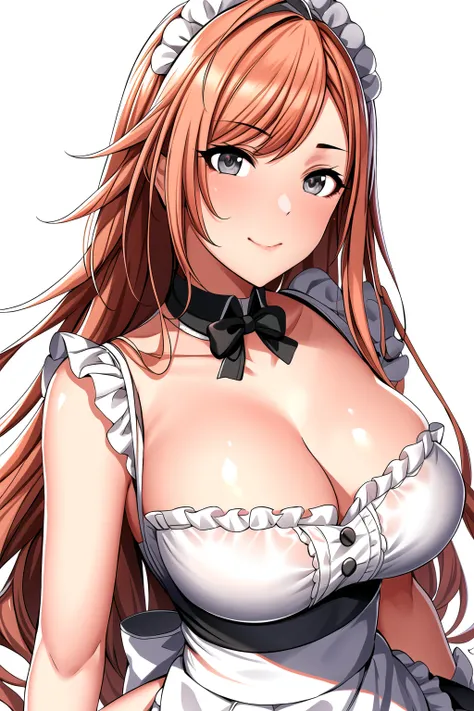 Simple white background, 
maid headdress, maid apron, maid dress,frills, 
collarbone, cleavage, bare shoulders, 
<lora:natsuha_arisugawa_IDOLMaSTER-KK77-V1:0.7>,maid
grey eyes, red hair,swept bangs,very Long hair,
<lora:Oda_Non_Style-KK77-V2:0.3>,<lora:mor...