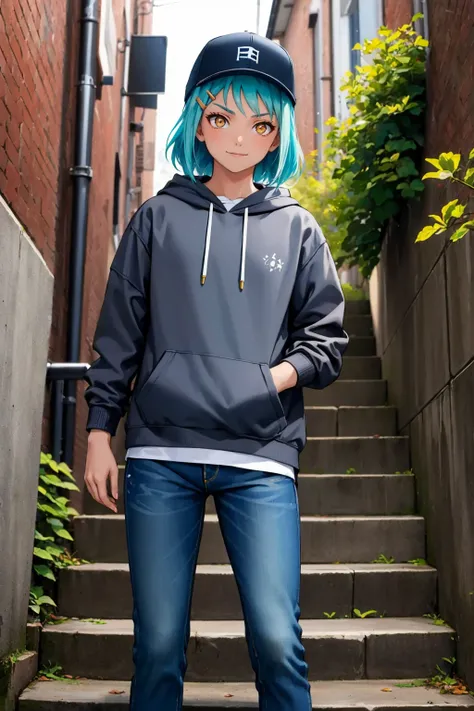 masterpiece, best quality, <lora:fuu-nvwls-v1-000009:1> defFuu, aqua hair, hairclip, black hoodie, jeans, baseball cap, furrowed brow, smile, stairs, alleyway