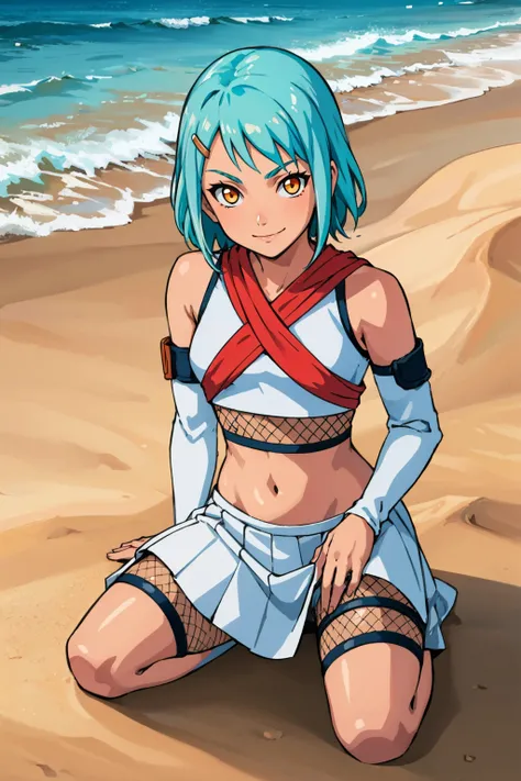 masterpiece, best quality, <lora:fuu-nvwls-v1-000009:1> defFuu, aqua hair, hairclip, sleeveless shirt, detached sleeves, fishnets, midriff, white skirt, seiza, on ground, sand, smile, looking at viewer