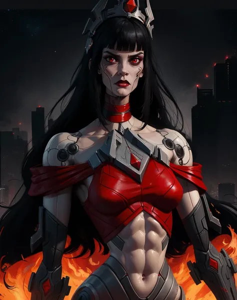 Ambra,long hair,blunt bangs,facial mark,red sclera,red eyes,
android,robot joints,
red top,midriff,bare shoulders,red choker,gem,
serious,large crown,
cyberpunk,stars,flames,
(insanely detailed, masterpiece, best quality),<lora:Ambra:0.8>,