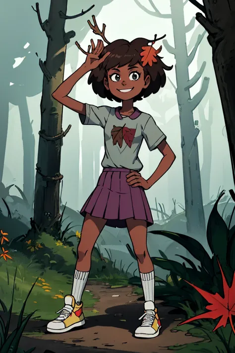 <lora:AnneAmphibia2.0:0.7> anne, 1girl, short hair, dark-skinned female, leaf on head, grey shirt, skirt, one shoe, single_sock, looking at viewer, smile, forest, best quality, high quality, masterpiece, absurdres,