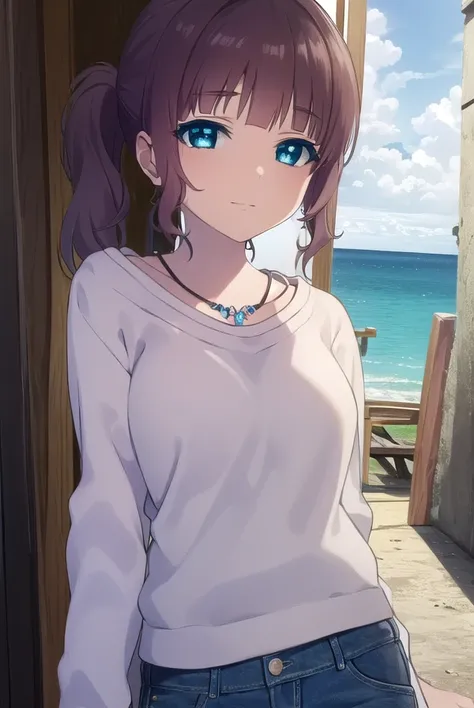 akarisakishima, <lora:akari sakishima s1-lora-nochekaiser:1>,
akari sakishima, short hair, blue eyes, brown hair, ponytail, smile,
BREAK jewelry, pants, necklace, denim, collarbone, long sleeves,
BREAK outdoors, beach,
BREAK looking at viewer, (cowboy shot...