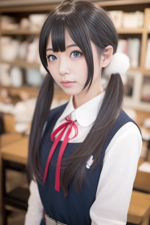 ltra-detailed,highly detailed,best quality,masterpiece,illustration,realistic,photorealistic,
tamako, kitashirakawa tamako, 1girl, solo, cosplay,
school uniform, pinafore dress, neck ribbon, belt, 
low twintails, ahoge, hair bobbles, 
looking at viewer, up...