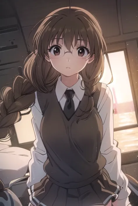 koiuichigusa, <lora:koi ui chigusa s1-lora-nochekaiser:1>,
koi ui chigusa, brown hair, (brown eyes:1.5), glasses, braid, hair braid, single braid, hair over shoulder,
BREAK skirt, school uniform, necktie, sweater vest,
BREAK indoors,
BREAK looking at viewe...