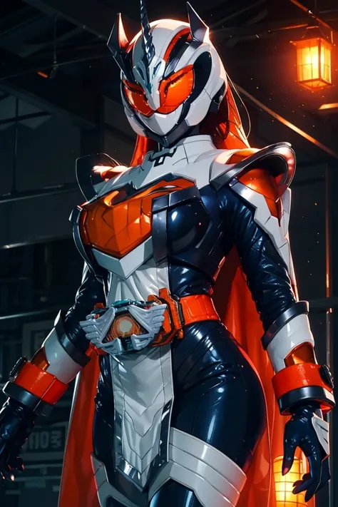 majade, solo, 1girl, full body, cowboy shot,mature female, perfect female body,large breasts, gloves, female focus,skin tight bodysuit,blue bodysuit, covered navel,wide hips,helmet,glowing eyes, orange eyes,(orange hair,long hair),tokusatsu, kamen rider,ri...