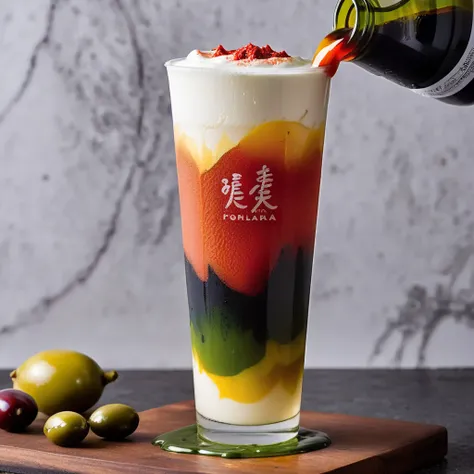 Create a hyper-realistic image of a unique beverage, composed of cream, chili, olive oil, ink, and shampoo, layered in a glass. The bottom layer starts with a creamy white, transitioning to a fiery red chili, followed by a vibrant green olive oil, a deep b...