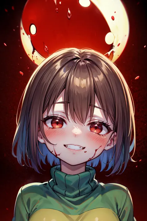 masterpiece,best quality,1girl,chara,canon,short hair,brown hair,red eyes,striped sweater,yellow stripe,green sweater,turtleneck,(shaded face),evil grin,(half-closed eyes:0.9),glowing eyes,(blood:1.1),portrait,<lora:Concept-control tool-add_detail-CyberAIc...