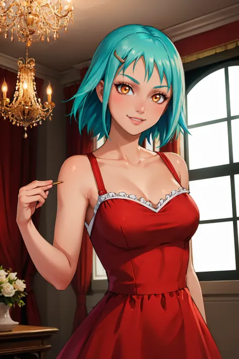 masterpiece, best quality, <lora:fuu-nvwls-v1-000009:1> defFuu, aqua hair, hairclip, red dress, lace trim, ballgown, frills, mansion, chandelier, smile