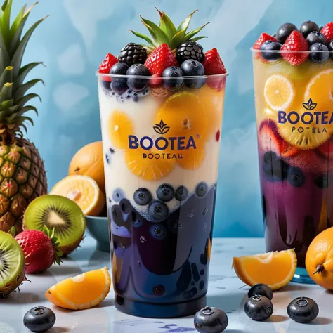 Create an image in a realistic style featuring a beverage composed of seven different colored fruit layers. Describe each layer vividly: red strawberries at the bottom, followed by orange oranges, yellow pineapples, green kiwis, blue blueberries, indigo gr...