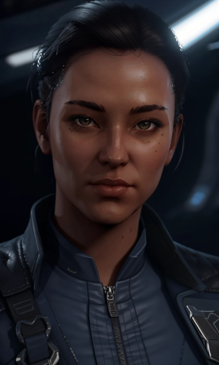 maekohayes2024, 1girl, photorealistic, 8k, uhd, masterpiece, detailed skin, skin pores, intricate, depth of field, full body, raw image, command deck, science fiction, blue jacket,