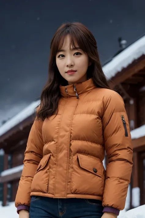 masterpiece, best quality, ultra-detailed, ultra high res, (photorealistic:1.4), raw photo, (realistic:0.2), CG, 8k HDR, cinematic lighting, 1girl, solo, looking at viewer, (winter clothes, padded jacket), outdoor, (snow, snowflakes), night, aurora sky, up...