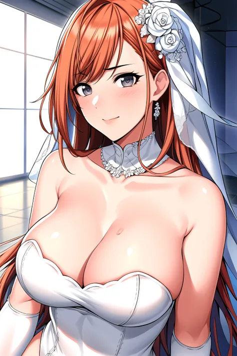 Church, white wall, sky, 
bridal veil, wedding dress, wedding ring, wedding, elbow gloves,
collarbone, cleavage, bare shoulders, 
<lora:natsuha_arisugawa_IDOLMaSTER-KK77-V1:0.7>,bridal ,
grey eyes, red hair,swept bangs,very Long hair,
<lora:Oda_Non_Style-K...