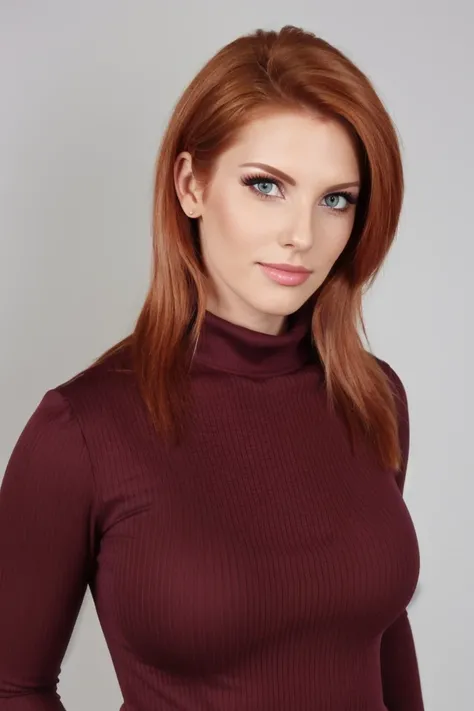 Portrait photo of l1l17hlu5t woman, red turtleneck blouse, sharp, high definition, photograph, slight smile