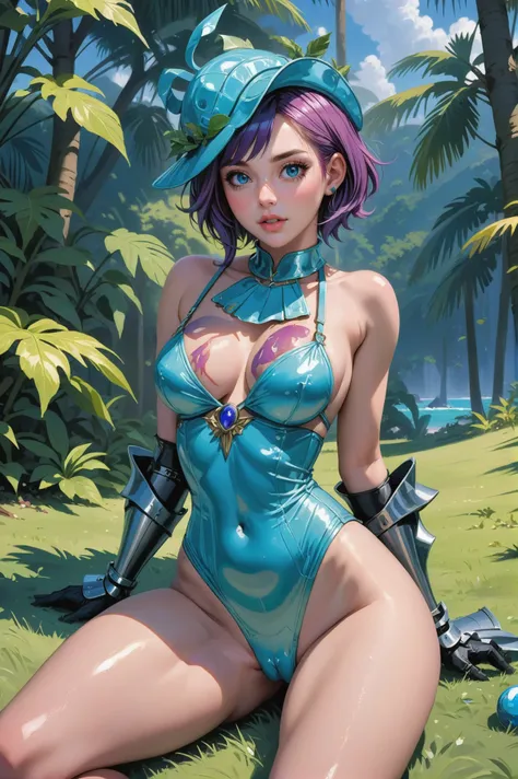 digital art, 1girl, woman, (evergreen knight viera:1.3), turquoise eyes, pose, lying on grass,lying on ground, (funny hat:1.2) [:wild, wild costume design:0.2], bombshell hair, violet hair with violet highlights, short hair, thicc body, wide hips, narrow w...