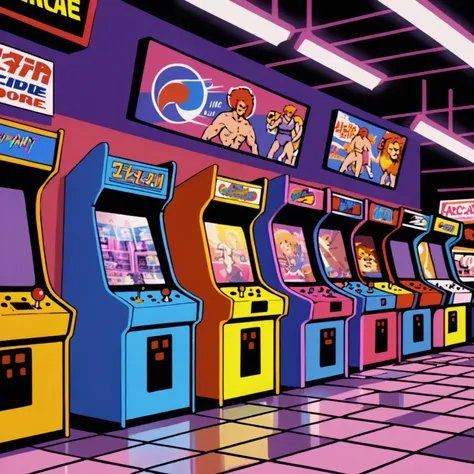 Lion-O man playing arcade inside a retro arcade store, vibrant neon colors, videogame posters, 2.5D, anime <lora:Lion-O-v1-000003:0.7>