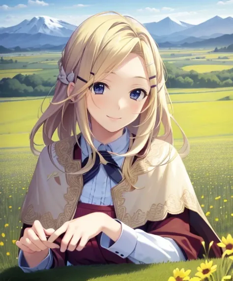 portrait, (adult woman), sitting, picking flowers, (1girl, solo), smile, (blonde hair), ((field, rolling hills)), (distant mountains), ((best quality, high detail)), ((masterpiece)), hairclip, cape, <lora:1_marui_15e:1>