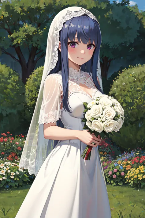 masterpiece,best quality,highres,ultra-detailed,shima rin,long hair,sidelocks,bangs,<lora:shima_rin:0.7>,wedding dress,white dress,(veil:1.2),garden,smile,outdoors,standing,cowboy shot,holding bouquet,