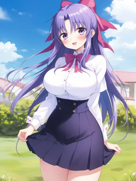 <lora:Yukino:0.8>,Yukino, 1girl, solo, blush, skirt, long hair, bow, purple eyes, ribbon, shirt, hair bow, purple hair, blue hair, sky, outdoor,  smile, blush, huge_breasts,
masterpiece, high quality, very_high_resolution, large_filesize, full color,