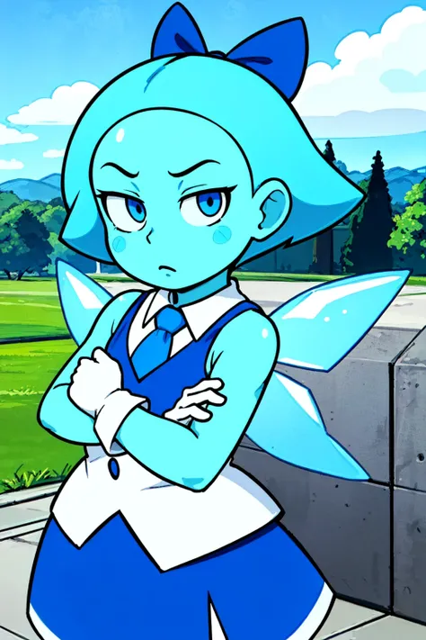 < aquam, blue hair, , 1girl, solo, hair bow, blue skin, sleeveless, white gloves, blue skirt,blue cirno, blue eyes, looking at viewer, short hair, blue footwear,outdoors,upper body, crossed arms,  <lora:aquamarine4:0.75>