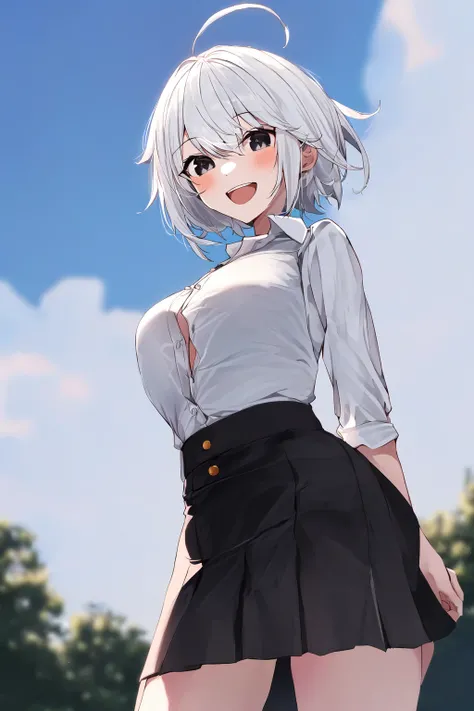 ((masterpiece, best quality)), (1girl), (solo), (female focus), (ahoge, white hair, short hair), black eyes, light smile, open mouth, ((white shirt), (buttoned shirt), (button gap)), ((black skirt), (short skirt)), standing, arms behind back, dynamic angle...