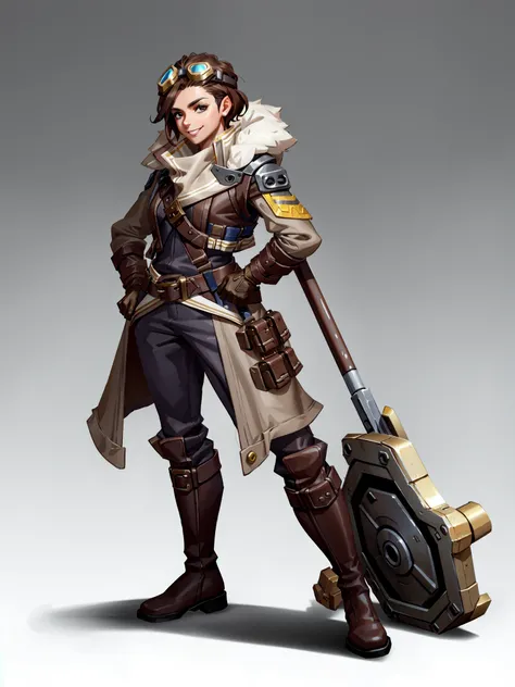 Concept art,omei,brown hair,gloves,goggles,gradient background,gradient,boots,goggles on head,brown footwear,solo,1girl,smile,1boy,steampunk,short hair,brown gloves,belt,full body,wrench,standing,jacket,male focus,grey background,pants,hand on hip,<lora:om...