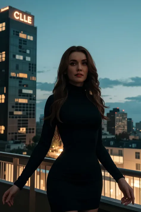 <lora:mondongo_LoRA_DominiqueMcElligott_v2:1> mndngwmn, long hair, wearing a turtleneck bodycon dress, on a balcony at night with city on background, (ultra realistic, 8k,high quality)