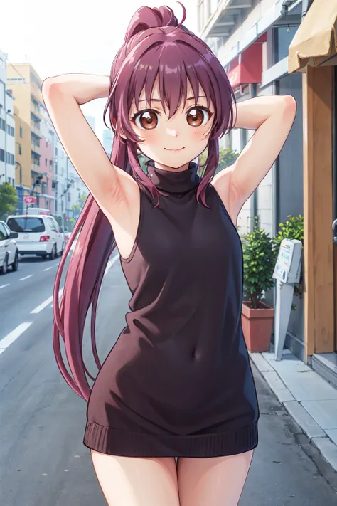 masterpiece,best quality,highres,ultra-detailed,sugiura ayano,brown eyes,long hair,ahoge,ponytail,bangs,<lora:sugiura_ayano:0.8>,sweater,turtleneck,street,smile,standing,(sleeveless:1.2),arm_behind_head,arms_up,cowboy shot,no pants,