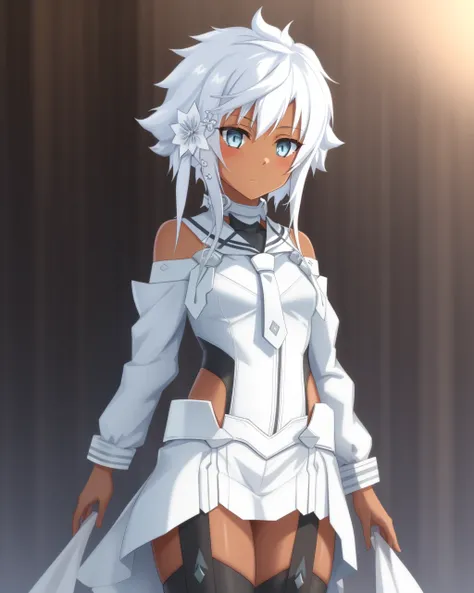 <lora:Kohagura_Natsume-10:0.8>,1girl, solo,white hair,short hair with long locks,short hair, blue eyes,hair ornament,dark skin,sidelocks, thighhighs,bare shoulders,white hair,white dress, leotard,