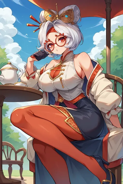 score_9, score_8_up, source_anime, 1girl, solo,  <lora:purah-pdxl-nvwls-v1-000005:1> purah, hair ornament, red headband, red glasses, sleeveless shirt, white coat, black skirt, red leggings, gloves, high heels, (large breasts:0.8), sitting, table, chair, g...