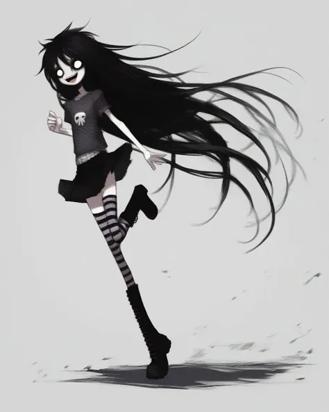 score_9, score_8_up, score_7_up, score_6_up, score_5_up, score_4_up, 2000s emo, solo, long hair, humanoid, female, black hair, smile, solo, clothing, skirt, 1girl, :3, full body, striped clothing, hair, standing, boots, mammal, striped thighhighs, simple b...