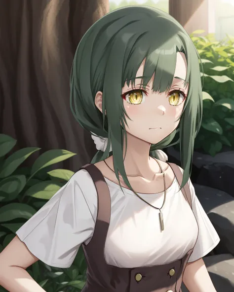 <lora:Yokote_Matsuri-10:0.7>,1girl, solo,low ponytail,dark green hair, very long hair, yellow eyes, white shirt, necklace, pinafore dress,