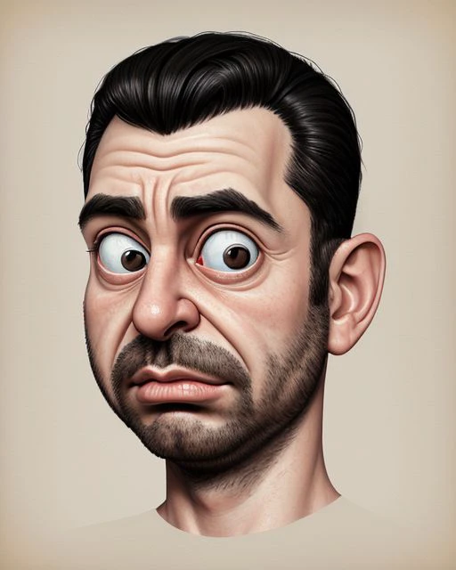 a sad man, big head, big eyes, caricature, a caricature, digital rendering, (figurativism:0.8)