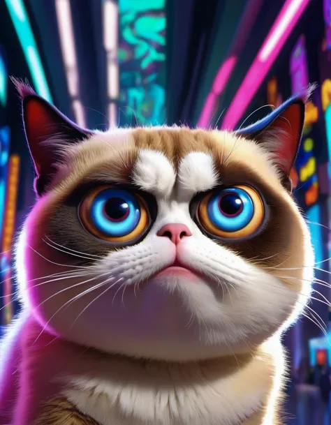 vibrant caricature of an anthropomorphic grumpy cat with a wide round face, big eyes and exaggerated features at a Digital art museum, Japan
