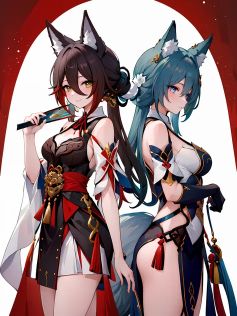 ((masterpiece,best quality)), 2girls, standing back to back ADDCOMM
1girl, tingyun, fox tail, folding fan, smile BREAK
1girl, yukong, fox tail, elbow gloves