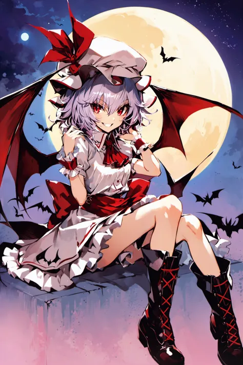 1girl, solo, remilia scarlet, hat, red eyes, wings, bat wings, smile, wrist cuffs, boots, moon, short hair, sitting, full moon, grin, dress,<lora:Banpai Akira_XL:0.8>