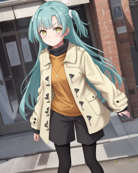 <lora:Yokote_Suzu-10:0.6>,1girl, solo, long hair,shirt, long sleeves,aqua hair, yellow eyes, pantyhose, open clothes, shorts, socks,sweater, coat,turtleneck, one side up, black shorts,jacket,