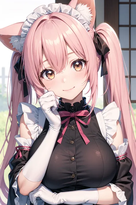 1girl, japanese woman, kawaii, pink hair, animal ears, maid, fox ears, looking at viewer,cosplay, large breasts, smile, elbow gloves,  white gloves, animal ear fluff, brown eyes, detached sleeves, long hair, bangs, upper body, frills, twintails, closed mou...