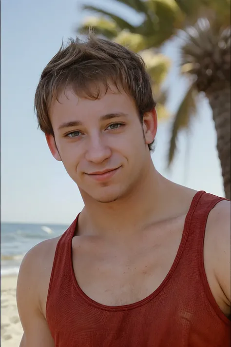 headshot <lora:cf_lucas-07 (1):1> photo of male cflucas, wearing a red tank top, relaxed confident expression, (smile:0.6) cflucashunk BREAK blurred California beach background, light bokeh, soft diffused light