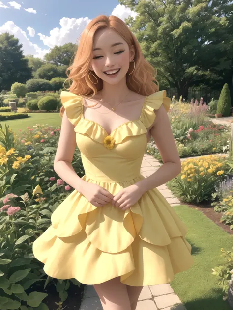 yellow PetalDress, ginger, giggling, in a garden, <lora:SN-PetalDress:1>