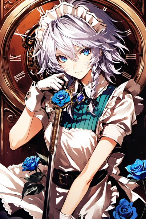 1girl, solo, flower, blue rose, rose, blue flower, izayoi sakuya,  white hair, sword, blue eyes, short hair, gloves, apron, braid, maid, twin braids, maid headdress, clock, pocket watch, looking at viewer,<lora:Banpai Akira_XL:0.8>