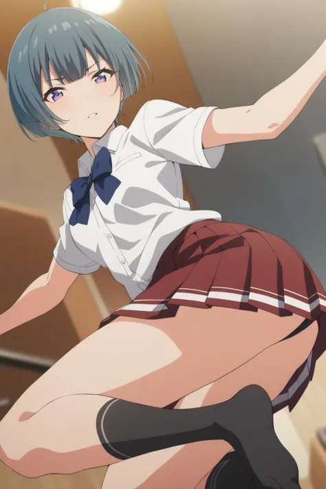 <lora:IbukiJitsukyo_AnimagineXLV3:0.8>  ibuki, 1girl, short hair, bangs, blue hair, purple eyes, white shirt,bowtie,,pleated skirt,red skirt, black socks,, looking at viewer, 
[anime screencap::0.7], masterpiece,best quality,